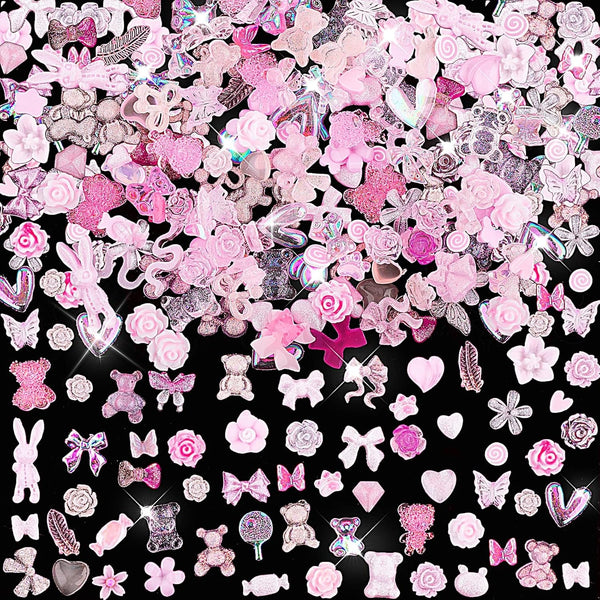 200 piese Nail Art Charms 3D Nail Art Decoration Set Arc Nail Pendant Roz Stil Mixt Arc Floare Ursuleț Acadea În formă de Inimă Nail Art Decorare DIY Craft Nail Design