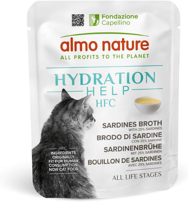 Almo Nature HFC Hydration Help Hrană umedă pentru pisici - bulion de sardine cu sardine - grad uman, fără gluten, monoproteină, 50 G, 24 bucăți, 1,2 kg