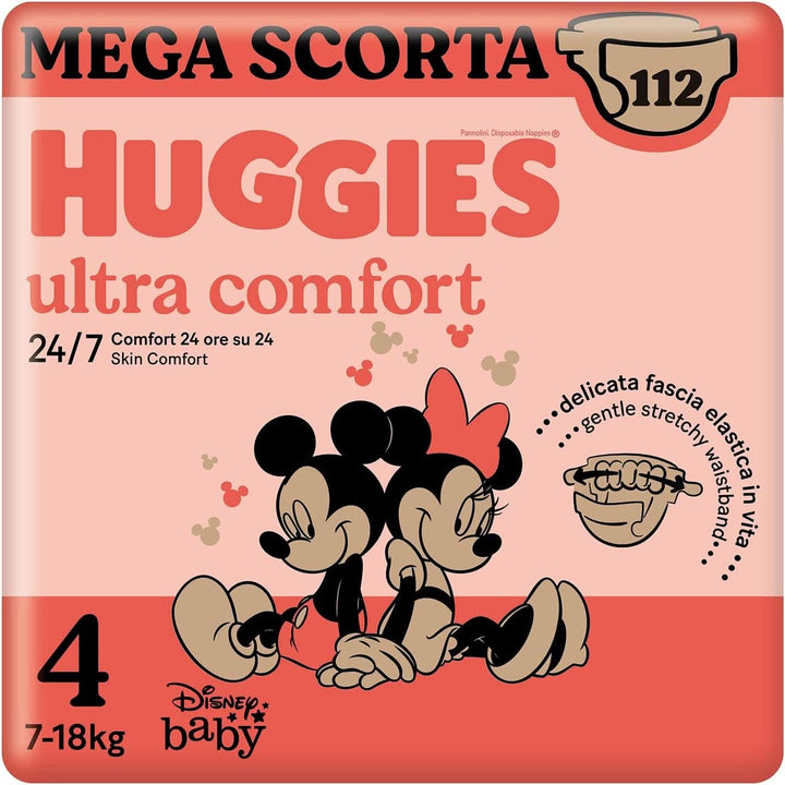 Huggies Ultra Comfort, scutece mărimea 4 (7-18 kg), design Disney, pachet de depozitare Mama si Copilul Naty Shop 4 (pachet de 112)