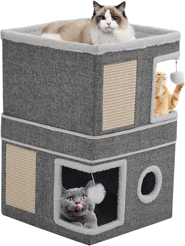 Căsuță pentru pisici de interior, Peșteră pentru pisici multiple, Căsuță pliabilă pentru pisici cu zgârietură, Minge de joacă, Căsuță cubică cu trei etaje, Gri 40 x 40 x 63 cm
