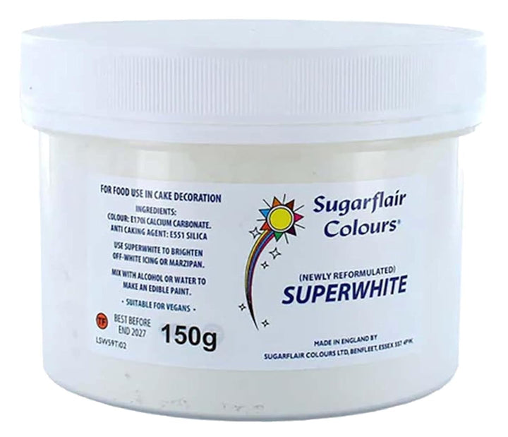 Albitor de glazură Sugarflair Superwhite, Albitor de glazură pentru Royal Icing, Colorant alimentar comestibil extra alb - 150g