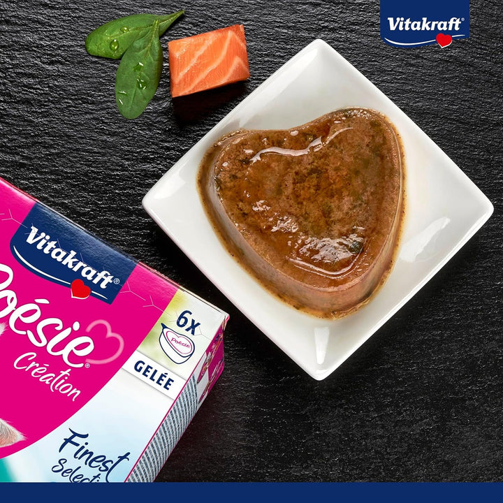 Vitakraft Poésie Création, Finest Selection, hrană umedă pentru pisici, hrană umedă pentru pisici Jelly, cu somon și spanac, cu vânat în jeleu de afine, fără zahăr adăugat și cereale (1 pachet cu 6X 85G)