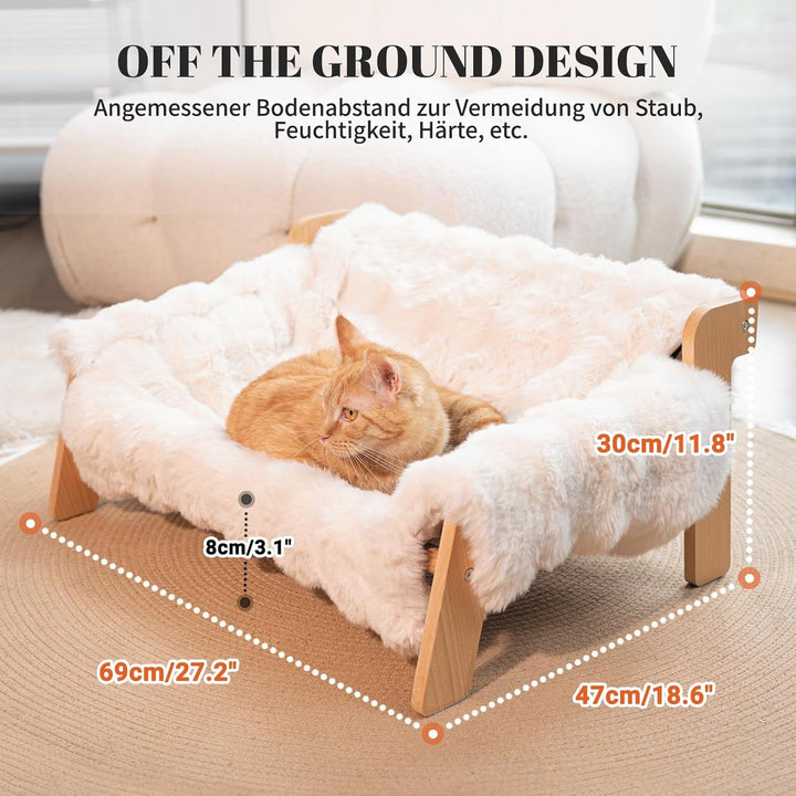Pat ridicat pentru pisici, din lemn de fag, canapea mare pentru pisici de 70 x 47 cm, scaun pentru pisici cu pătură de pluș detașabilă și lavabilă (umplutură din bumbac), capacitate de încărcare 15 kg, pentru dormitul tuturor pisicilor