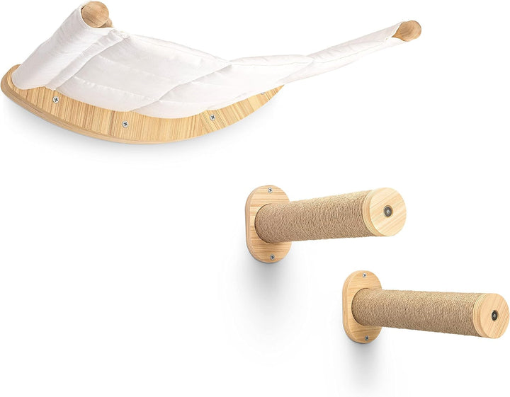 AZANO® Perete de cățărat pentru pisici | Hamac pentru pisici XL [Extra stabil și mare] cu scări pentru pisici pe perete | Scară pentru pisici cu zonă de dormit | Pat pentru pisici pentru cățărat, fabricat din lemn natural | 3 piese