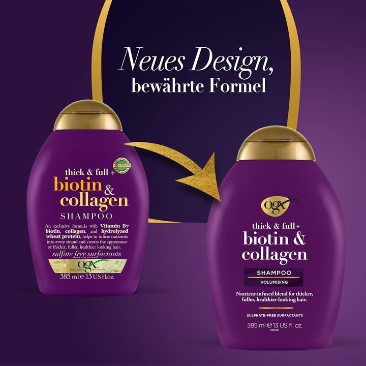 OGX Biotin & Collagen Shampoo (385 Ml), Șampon de întărire a părului pentru păr fin și subțire Duș și baie OGX