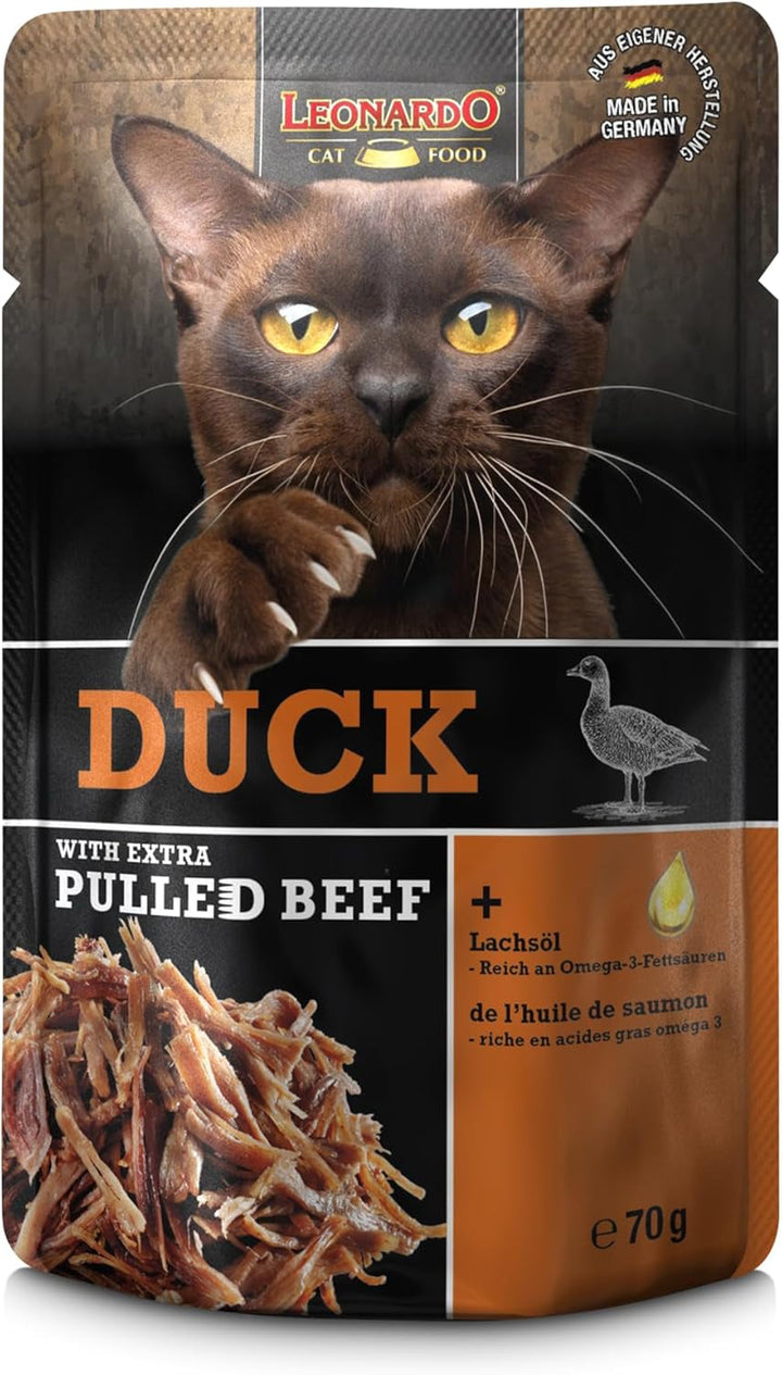 LEONARDO Fresh Pouch [16X70G Rață cu fâșii de carne] Pulled Beef | Hrană umedă fără cereale pentru pisici | Hrană completă pentru pisici