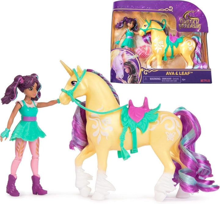 Unicorn Academy AVA și Unicorn Leaf Set - Figurine originale de aproximativ 12 cm înălțime din popularul serial Netflix Cu două accesorii și perii de păr Pentru jocuri de rol imaginative, pentru copii cu vârsta de 4 ani și peste Action figures Naty Shop Titlu implicit