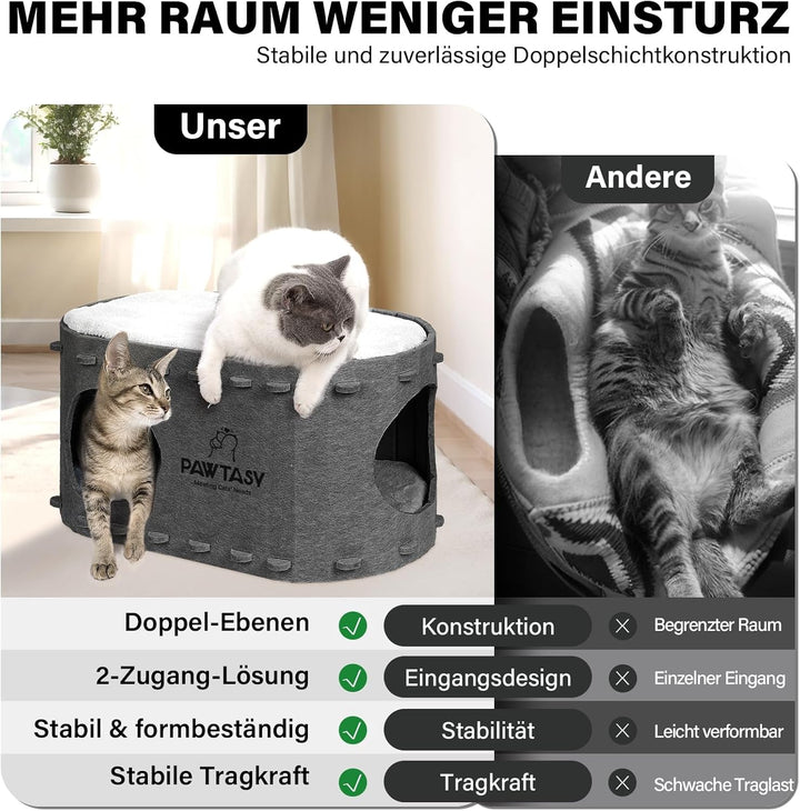 Pat pentru pisici Pawtasy, din fetru, cu 2 perne moi și detașabile, rezistent la iarnă, protecție pentru unghiile pisicii, 58A x 33L x 30Î cm, gri închis