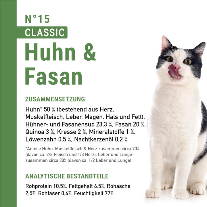 Hrană umedă pentru pisici Catz Finefood Classic N° 15 Chicken & Pheasant - Hrană umedă gourmet pentru pisica dvs. fără zahăr și cereale, fără gluten - cu conținut ridicat de carne, fabricată în Germania (6 cutii de 800 g)