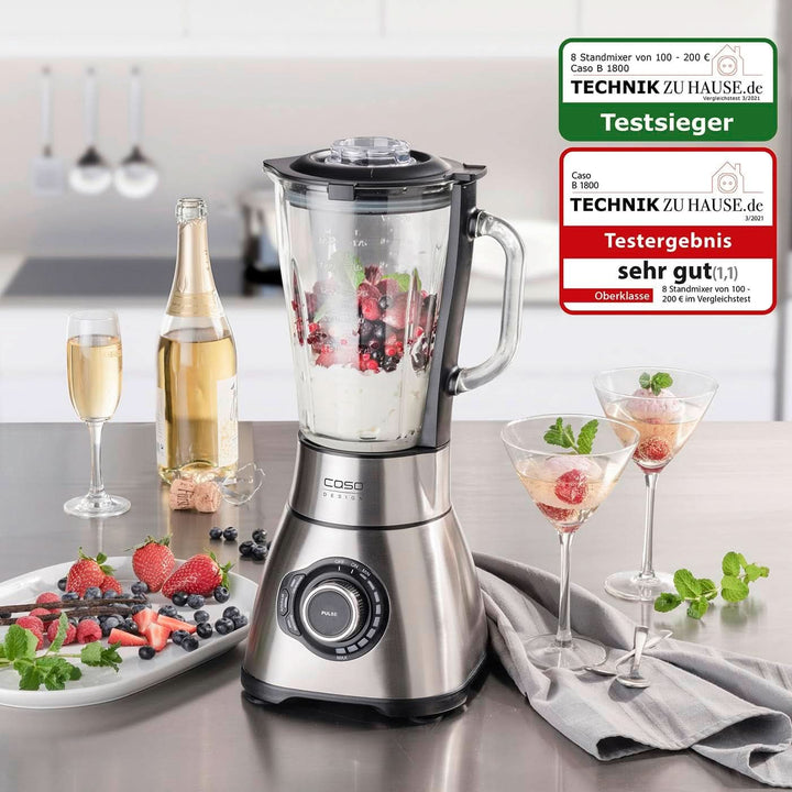 CASO B 1800 Powerblender-Set - Standmixer, 28.000 U/Min, Glasbehälter 1,75 L, Inkl. Trinkflasche Und Zerkleiner, Mixer Testsieger Mit Sehr Gut, Edelstahl Naty Shop