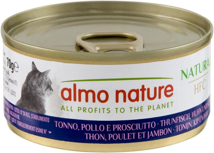 Almo Nature HFC Natural - Hrană umedă pentru pisici adulte - ton, pui și șuncă - Human Grade, fără gluten - 6 X 70G