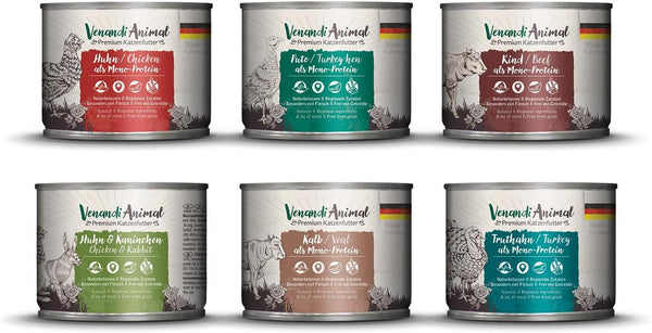 Venandi Animal Premium Hrană umedă pentru pisici, Tasting Pack III, pui, curcan, vită, pui + iepure, vițel, curcan, 6 X 200 G, fără cereale și naturală, 1.2 Kg
