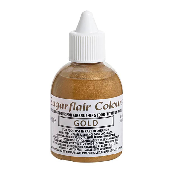Colorant alimentar comestibil Sugarflair Gold, colorant aerograf pentru torturi, brioșe, glazură și decorațiuni pentru torturi - 60 ml