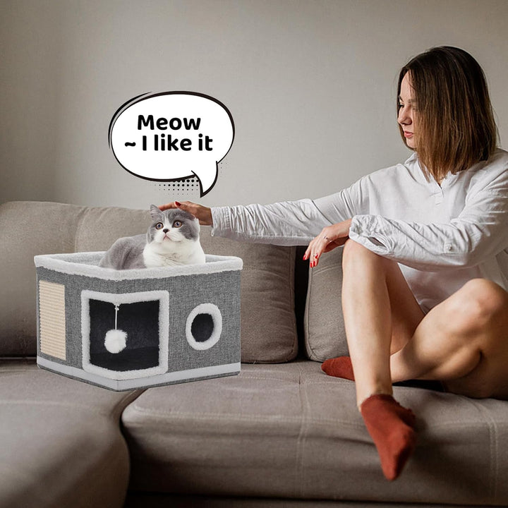 Căsuță pentru pisici de interior, Peșteră pentru pisici multiple, Căsuță pliabilă pentru pisici cu zgârietură, Minge de joacă, Căsuță cubică cu trei etaje, Gri 40 x 40 x 63 cm