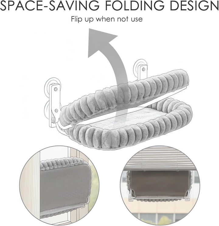 Șezlong pentru pisici Carecooo, hamac pentru pisici cu husă lavabilă, pervaz pufos cu ventuze, șezlong stabil pentru pisici de până la 18 kg, M (52 x 30 cm), gri