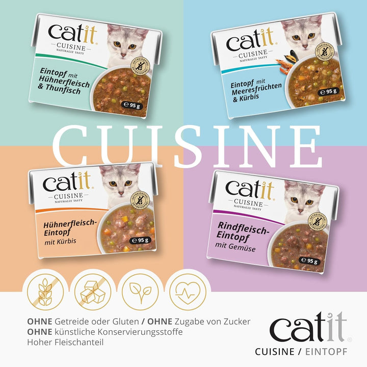 Catit Cuisine - Hrană umedă premium pentru pisici - Tocăniță cu fructe de mare și dovleac, hrană complementară, 95G, fără cereale, conținut ridicat de carne