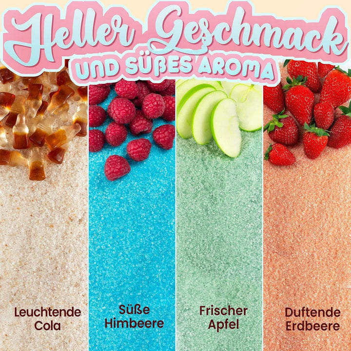 GREENDOSO® Zahăr de vată de zahăr pentru mașina de vată de zahăr (4 x 320 grame) - 4 arome (căpșuni/cola/ zmeură/ mere) + 50 sticks-uri - MADE in FRANCE Naty Shop