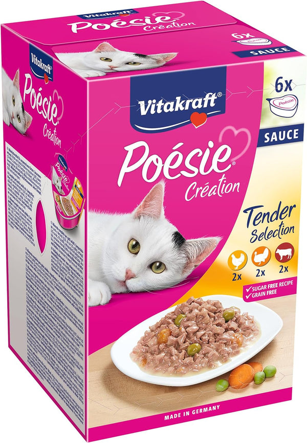 Vitakraft Poésie Création, Tender Selection, hrană umedă pentru pisici, hrană umedă pentru pisici în sos, cu pui, cu curcan, cu vită, fără adaos de zahăr și cereale (1 pachet de 6X 85G)
