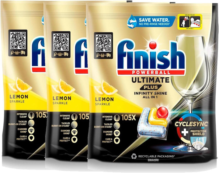 Finish Ultimate plus Infinity Shine Citrus Dishwasher Tabs - Tablete pentru mașină de spălat vase, curățare intensivă - 105 capsule, lămâie Naty Shop Set 3 x 105 capsule