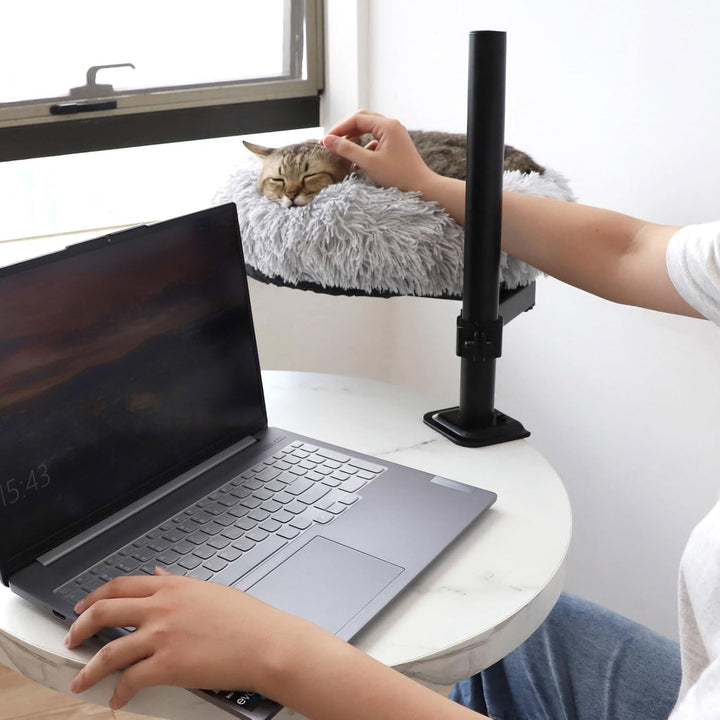 Suport pentru pat de birou pentru pisici, peșteră din lemn pentru masă, cu suport metalic rotativ, reglabil pe înălțime, pernă moale și pufoasă, paturi pentru pisici, pentru biroul de acasă