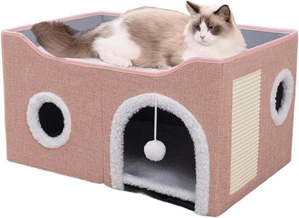 Peșteră pentru pisici, paturi pentru pisici, căsuță pentru pisici, peșteră pliabilă pentru pat de pisică cu scărpinat și minge de joacă, peșteră pliabilă pentru pat de pisică pentru dormit, ascundere, joacă și zgâriat (roz, mediu)