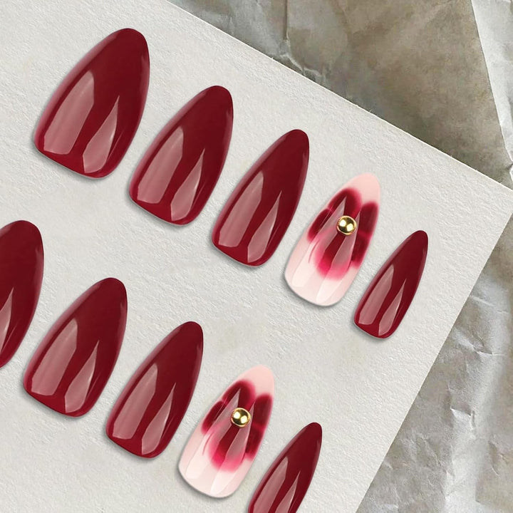 24 Flori Burgundy cu Armură de Diamant, Unghii Presabile, Unghii Artificiale pentru Lipire, Set Vârfuri de Unghii