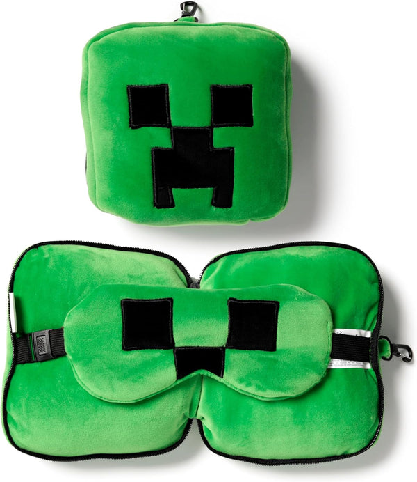 Puckator Relaxeazzz Minecraft Creeper pernă de călătorie din pluș și mască pentru ochi tetieră, pernă de dormit, pernă pentru gât, pernă de călătorie, mască de dormit, copii și adulți pentru mașină de călătorie, accesoriu pentru tren, avion Perne calatorie Naty Shop Titlu implicit