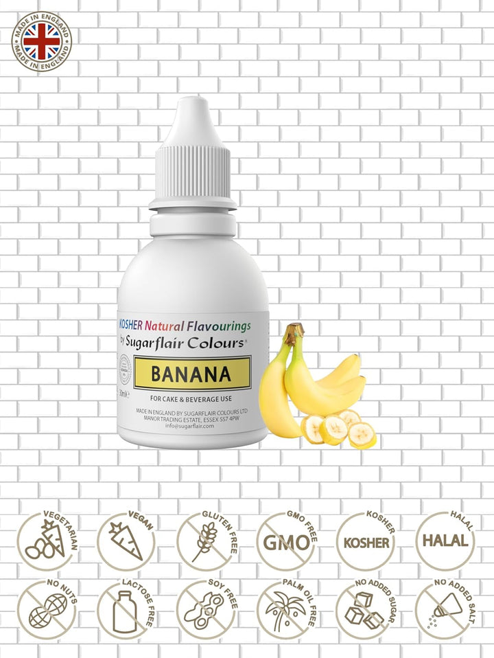 Aromă alimentară naturală Sugarflair cu banană Kosher, picături cu aromă intensă pentru prăjituri, brioșe, glazuri, băuturi, înghețată - aromă 100% naturală - 30 ml