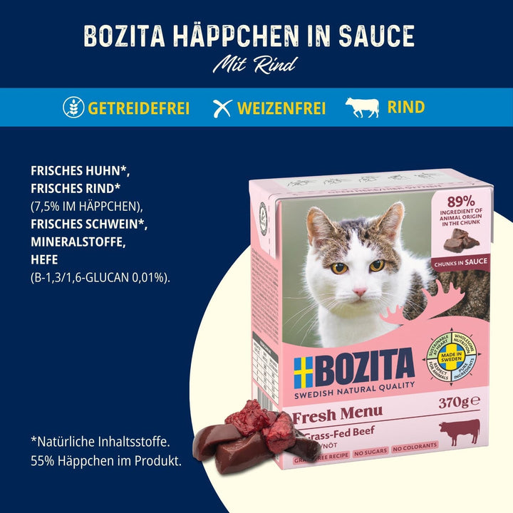 Bozita Tetra Morsels în sos cu carne de vită - 6X370G Hrană premium pentru pisici fără cereale și zahăr, fără OMG - 7,5% proteine și 5% grăsimi - extra nutritivă și gustoasă