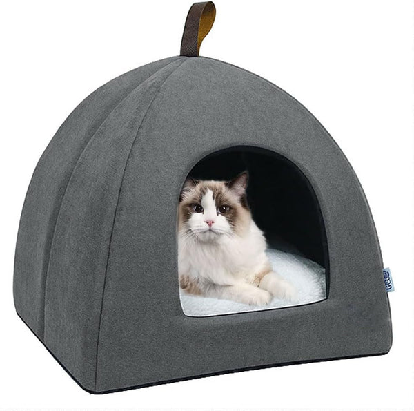 Pat pentru pisici, Peșteră moale pentru pisici, Paturi moi și calde din pluș, Cuib pentru pisici cu pernă interioară detașabilă (Gri L)