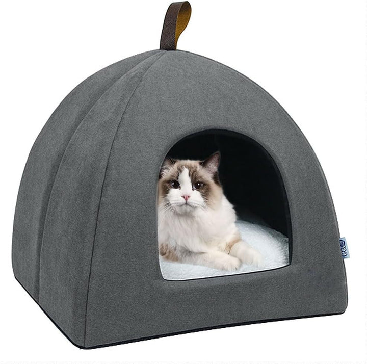 Pat pentru pisici, Peșteră moale pentru pisici, Paturi moi și calde din pluș, Cuib pentru pisici cu pernă interioară detașabilă (Gri L)