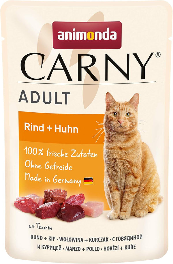 Animonda Carny Cat Food Wet Beef + Chicken, 12 pungi porție (12 X 85G), hrană umedă fără cereale și fără zahăr pentru pisici adulte, cu ingrediente din carne proaspătă