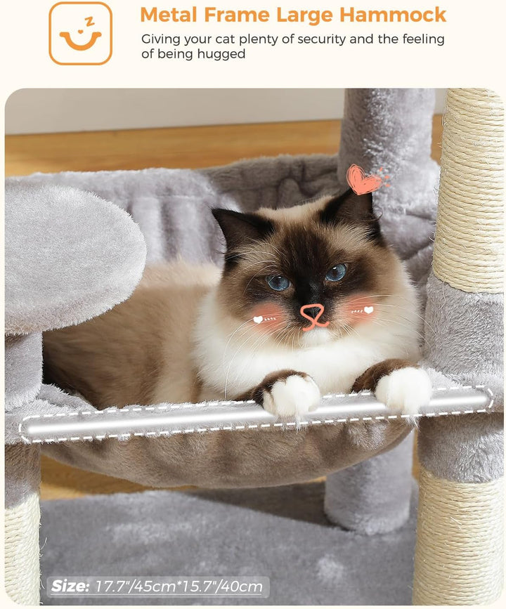 PAWZ Road, arbore pentru pisici cu hamac metalic din pluș, turn pentru pisici adulte cu căsuță tip condominiu cu 2 uși, gri, 116 cm