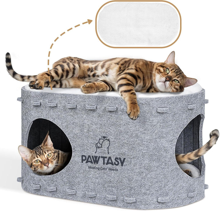 Pat pentru pisici Pawtasy, din fetru, cu 2 perne moi și detașabile, rezistent la iarnă, protecție pentru unghiile pisicii, 58A x 33L x 30Î cm, gri închis