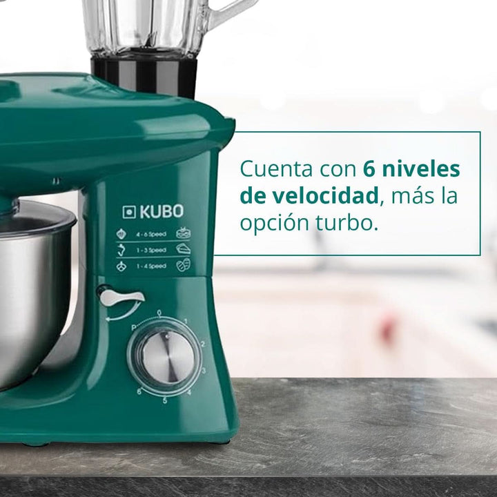 Küchenmaschine - 7 Zubehörteile: Mixbecher, Fleischwolf, Große Schüssel, Schutzdeckel, Schneebesen, Mixer Und Knetmaschine - Farbe: Grün - Fassungsvermögen: 6 Liter Mama si Copilul Naty Shop