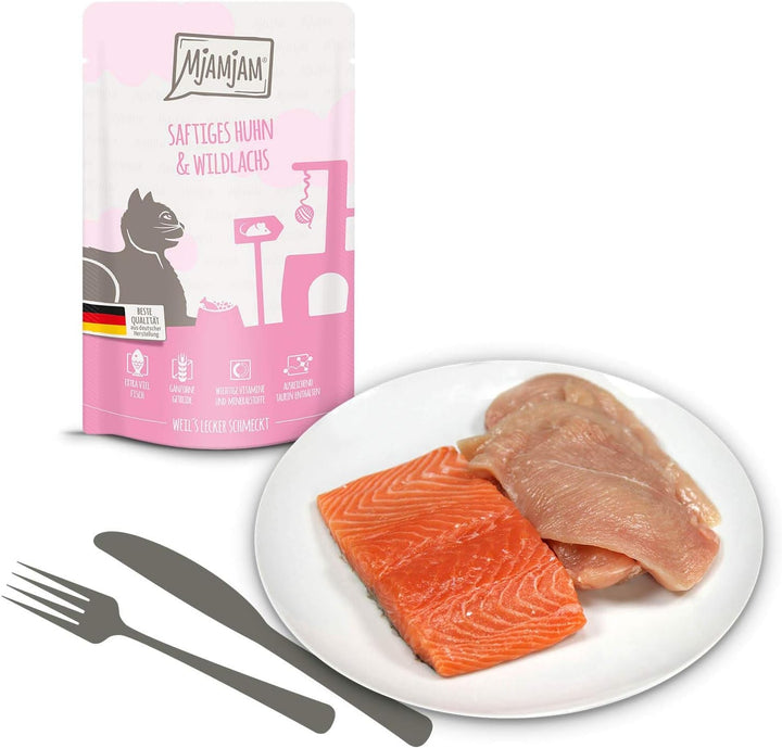 Mjamjam Mixpack V-12 X 125G, 1Pack (1 X 1,5 Kilograme) & Hrană umedă premium pentru pisici - pui suculent și somon sălbatic, 12Pack (12 X 125 G)