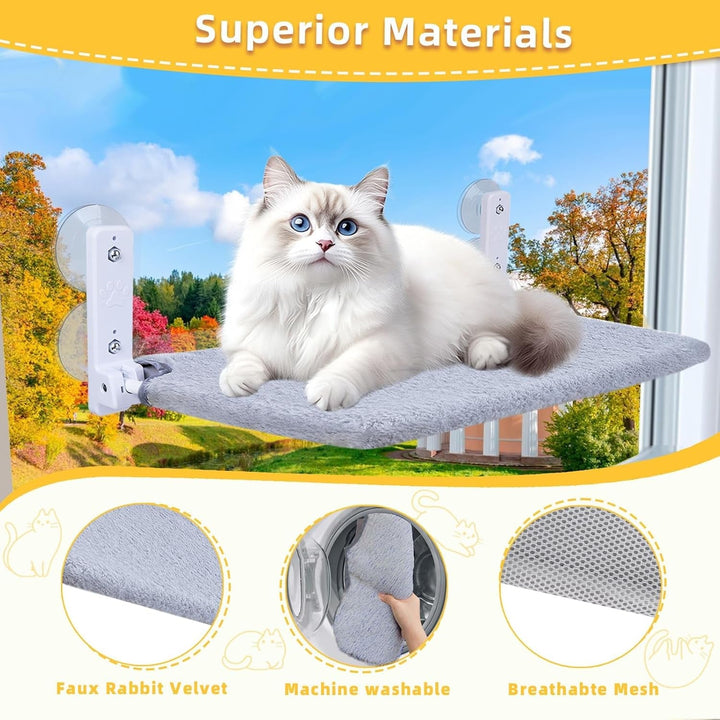 Hamac mare pentru fereastră pentru pisici, pat pentru pisici 52 x 30 cm cu pernă detașabilă din pluș, hamac pliabil pentru fereastră pentru pisici stabil pentru pisici, hamac pentru pisici cu 4 ventuze puternice, susține 25 kg (gri)