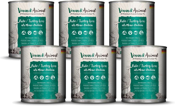 Venandi Animal Premium Hrană umedă pentru pisici, curcan ca monoproteină, 6 x 800 g, fără cereale și naturală, 4,8 kg