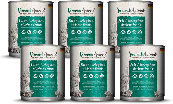 Venandi Animal Premium Hrană umedă pentru pisici, curcan ca monoproteină, 6 x 800 g, fără cereale și naturală, 4,8 kg