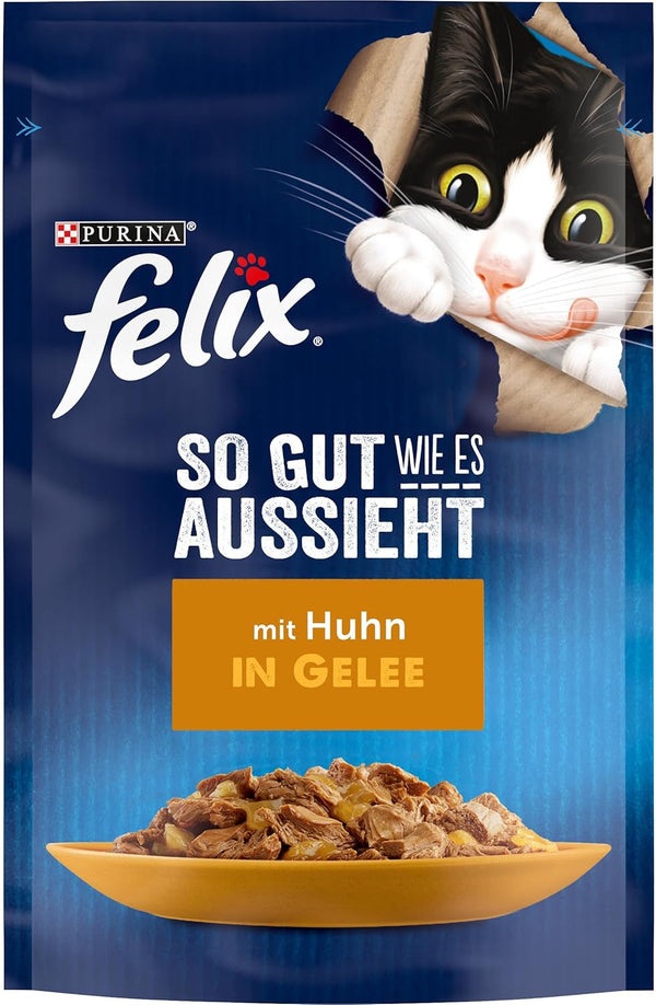 FELIX so Good How It Looks Hrană pentru pisici bătrâne umedă în jeleu, cu pui, pachet de 26 (26 X 85G)
