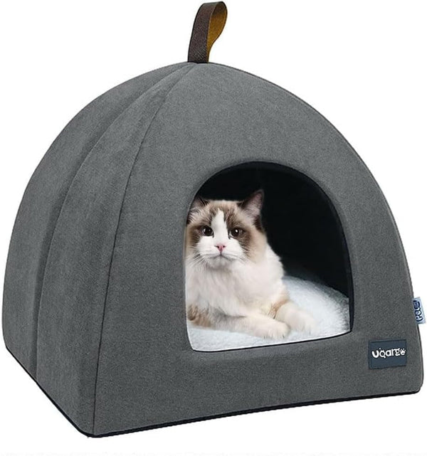 Pat pentru pisici, Peșteră moale pentru pisici, Paturi moi și calde din pluș pentru pisici, Cuib pentru pisici cu pernă interioară detașabilă și lavabilă, Gri, M