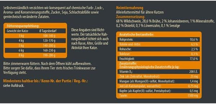 Dehner Wild Nature Cat Food Undergrowth, Hrană umedă fără cereale / fără zahăr, Pentru pisici mai în vârstă, Mistreț, cutie 6 X 200 G (1,2 kg)