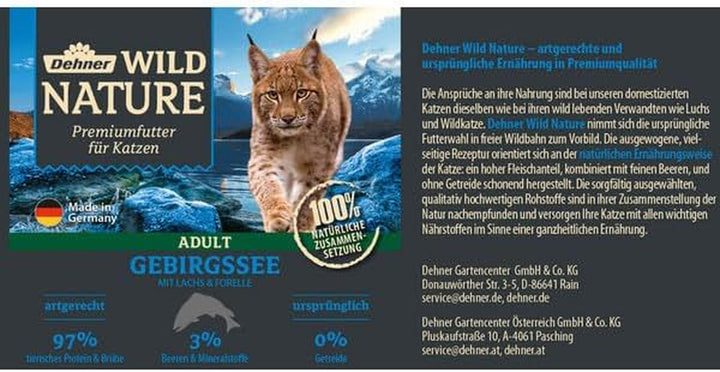 Dehner Wild Nature hrană pentru pisici Gebirgssee, hrană umedă fără cereale, pentru pisici adulte, somon / păstrăv, cutie 6 X 400 G (2,4 kg)