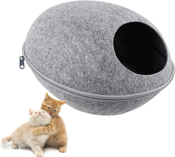 Peșteră pentru pisici din fetru, cuib detașabil pentru pisici cu pernă moale, cort pentru pisici cu fermoar, peșteră de îmbrățișare în formă de coajă de ou pentru pisici și câini