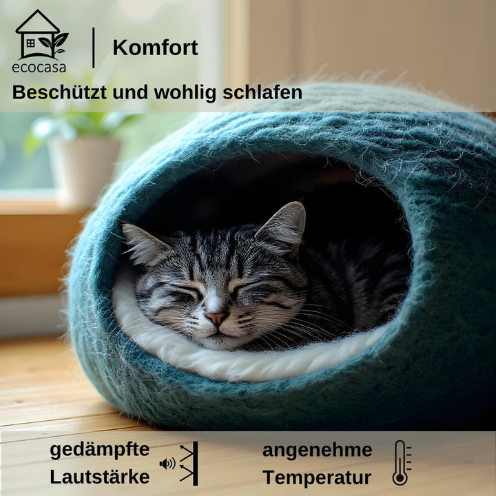 Pat pentru pisici XL, Peșteră pentru pisici – Lână Romney fină – Îmâslită puternic – Robustă la exterior și moale la interior – Lavabilă la mașină (petrol)