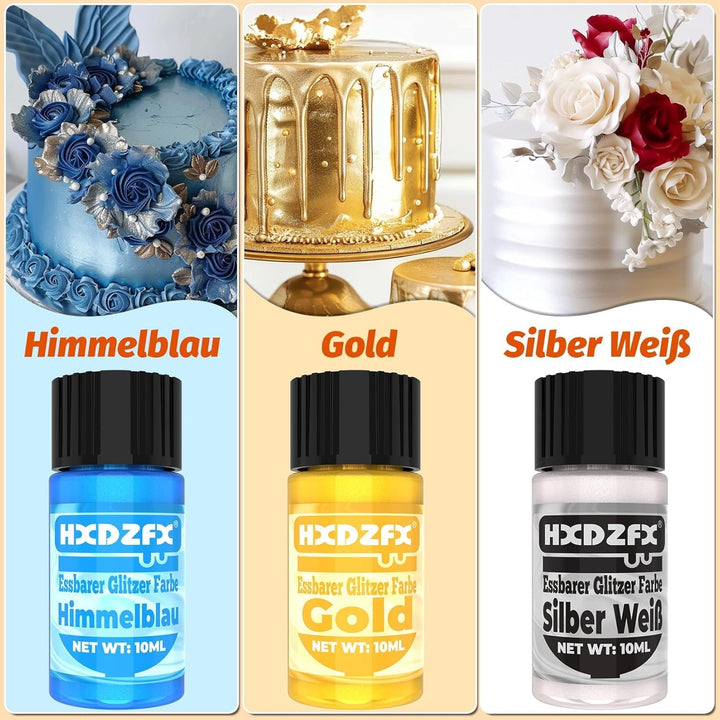 Essbarer Glitzer - 3 Torten Kuchen Deko Essbare, Metallic Lebensmittelfarbe Flüssiges, Edible Glitter Für Muffin, Cocktail, Marshmallows - 10Ml Naty Shop