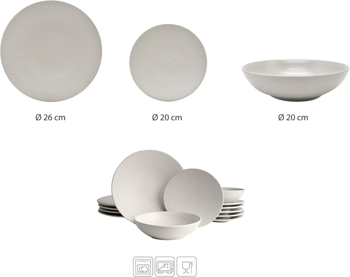 ECHTWERK 18-Teiliges Vintage Tafelservice, "Blanka" Nature-Design, Für 6 Personen, Stilvolles Geschirrset Mit Struktur Aus Steingut Mit 6 X Speiseteller, 6 X Beilagenteller, 6 X Suppenteller, Creme Seturi vesela masa Naty Shop