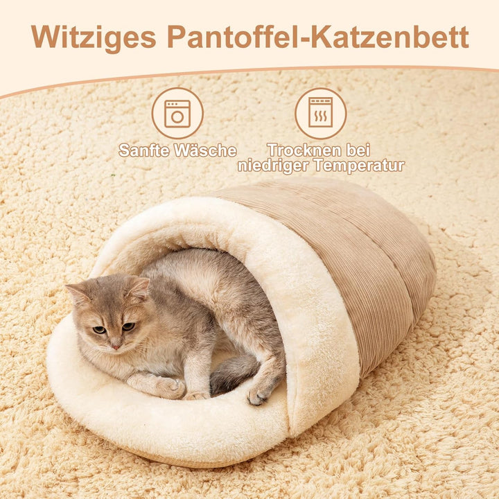 Pat de pisică drăguț, în formă de papuci, sac de dormit lavabil pentru pisici, peșteră moale din pluș, M-61 cm x 38 cm, pat pentru pisică cu fund antiderapant, cămilă
