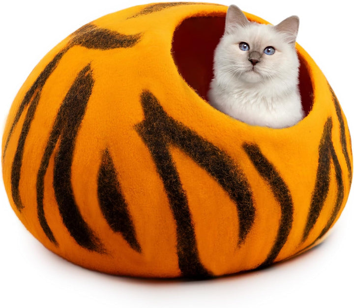 Woolygon - Seria Pisici Sălbatice - Peșteră pentru Pisici din Lână, Fabricată Manual din 100% Lână Merinos, Peșteră Ecologică din Fetru pentru Pisici și Pisici de Interior