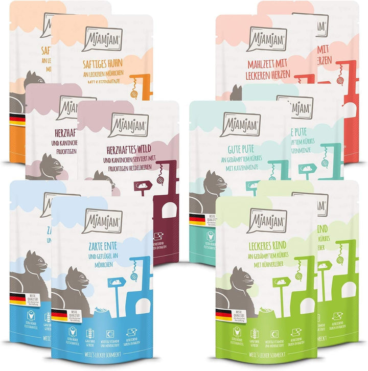 Mjamjam Mixpack III, 12 X 125 G (1 X 1,5 Kilograme) & Hrană umedă premium pentru pisici - pui suculent cu morcovi delicioși, 12Pack (12 X 125 G)